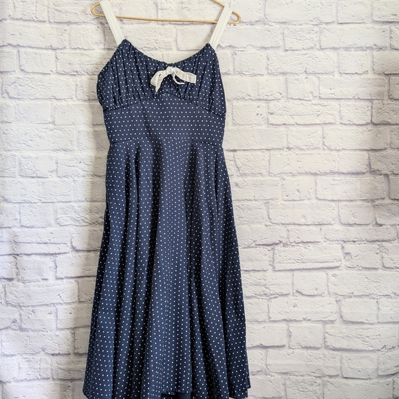 Pinup Couture Polka Dot Fit and Flare Dress XL Navy Blue White 1950s Rockabilly - Picture 2 of 6